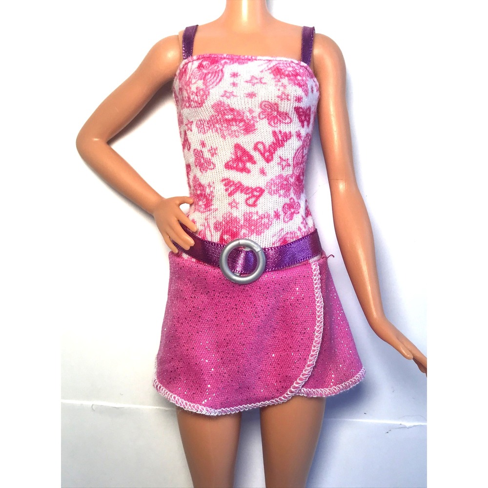 Barbie Doll Clothing Glittery Pink Skirt Purple Belt White Top Mini Dress